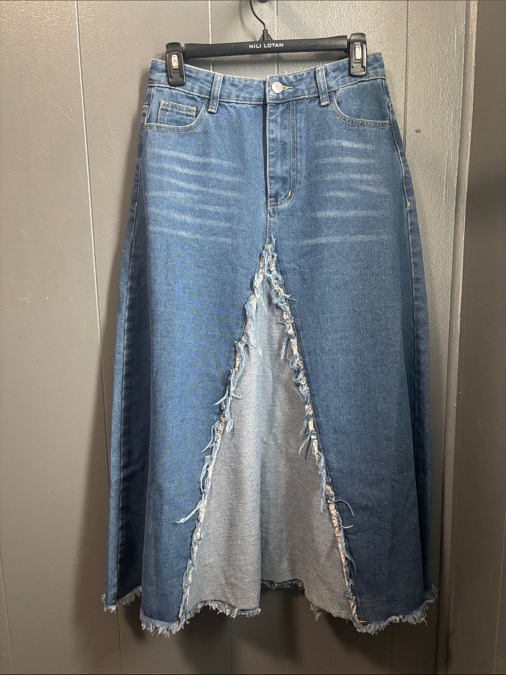 Denim A-Line Maxi Skirt with Frayed Front Slit - Blue 28” waist